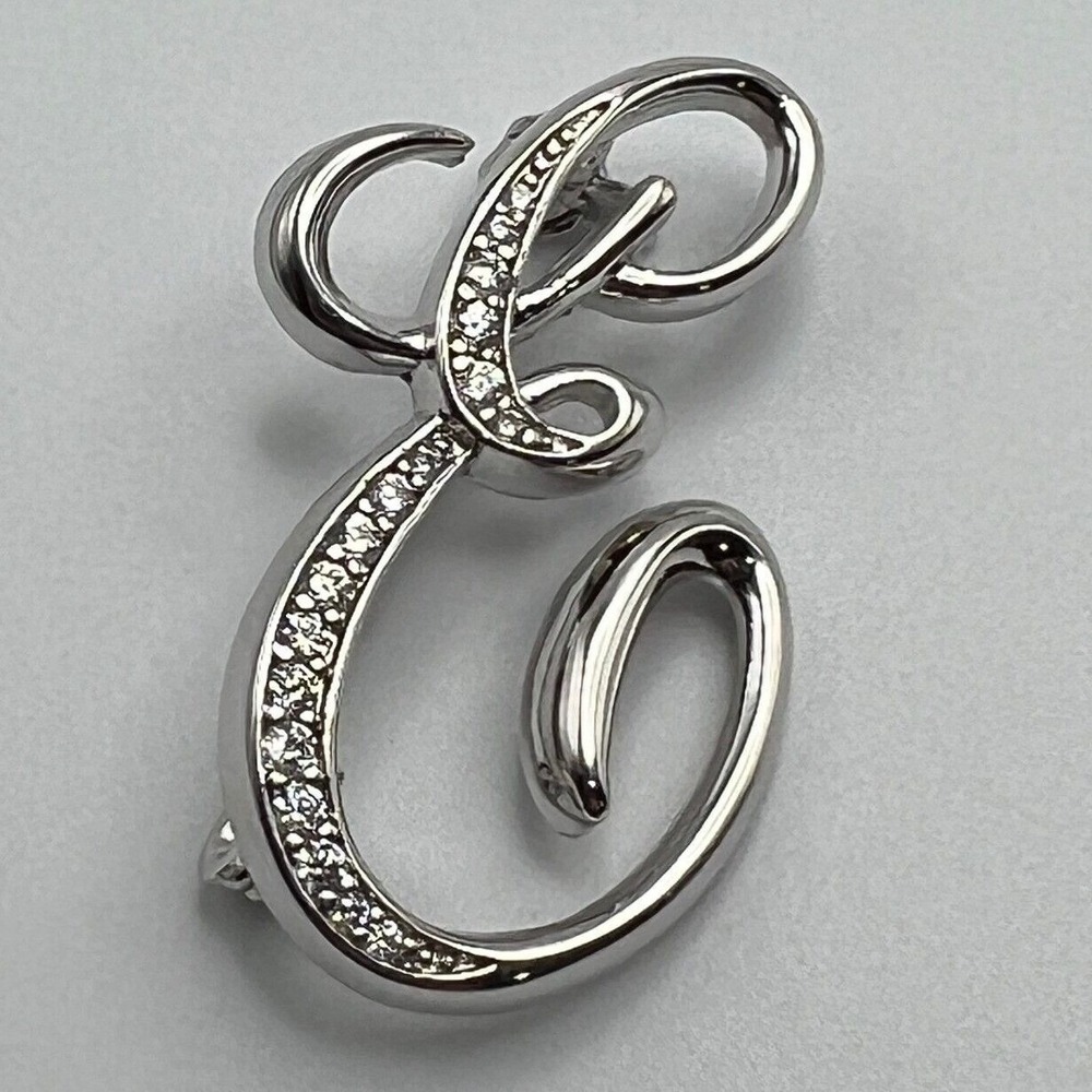 Berricle Initial E Brooch Silver Tone with CZ Accent Pin